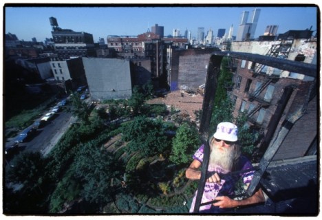 Adam Purple above his now demolished Garden of Eden on NYC's Lower East Side, photo by Harry Wang